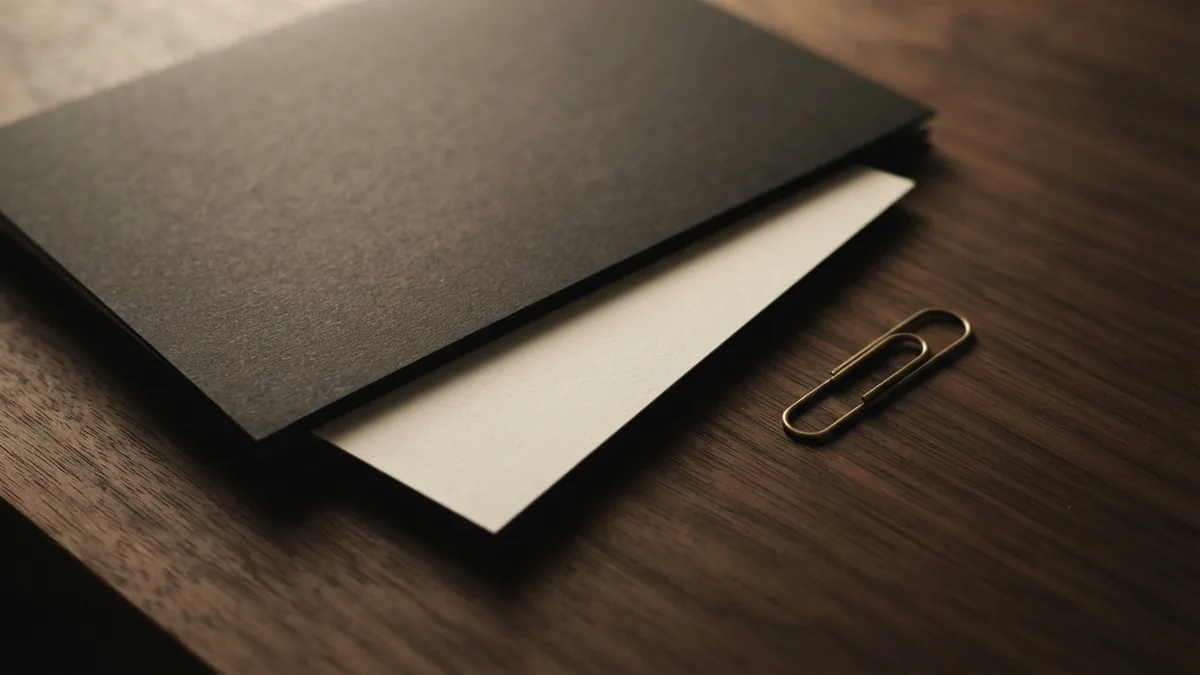 Checking legal source history Blank sheet and brass clip beside a closed folder for checking source history