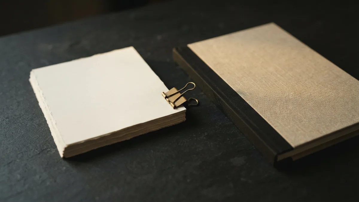 Blank paper and a closed folder arranged to suggest close reading of court records