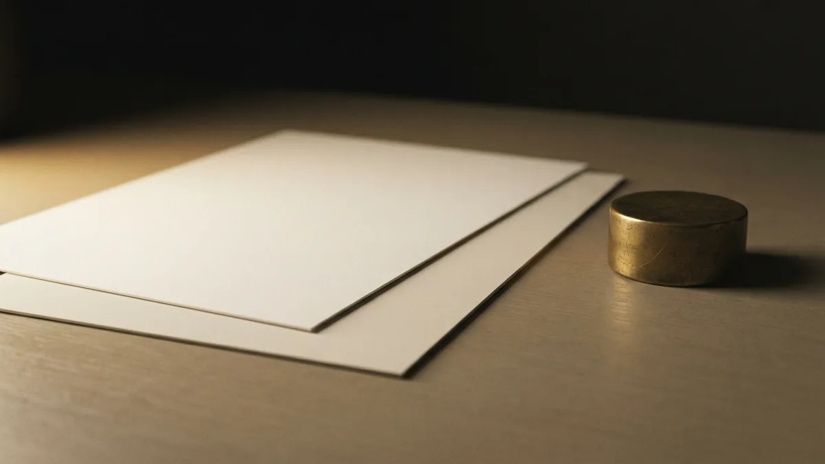 Overlapping blank sheets and a brass paperweight suggesting checks of current law