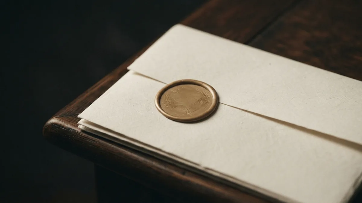 A quiet symbol of trust and reliable exchange Blank wax seal on folded bone paper beside dark wood in warm light