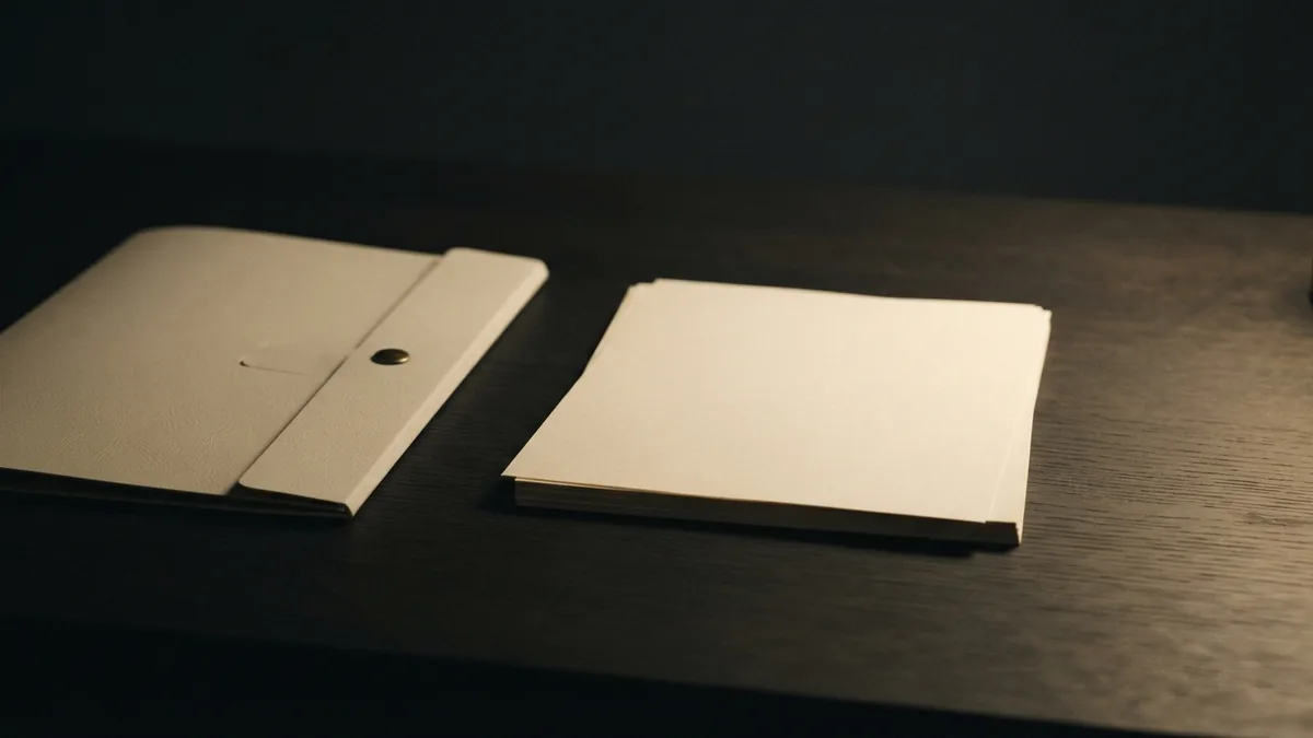 Blank paper sheets beside a closed folder, suggesting the review of legal search results