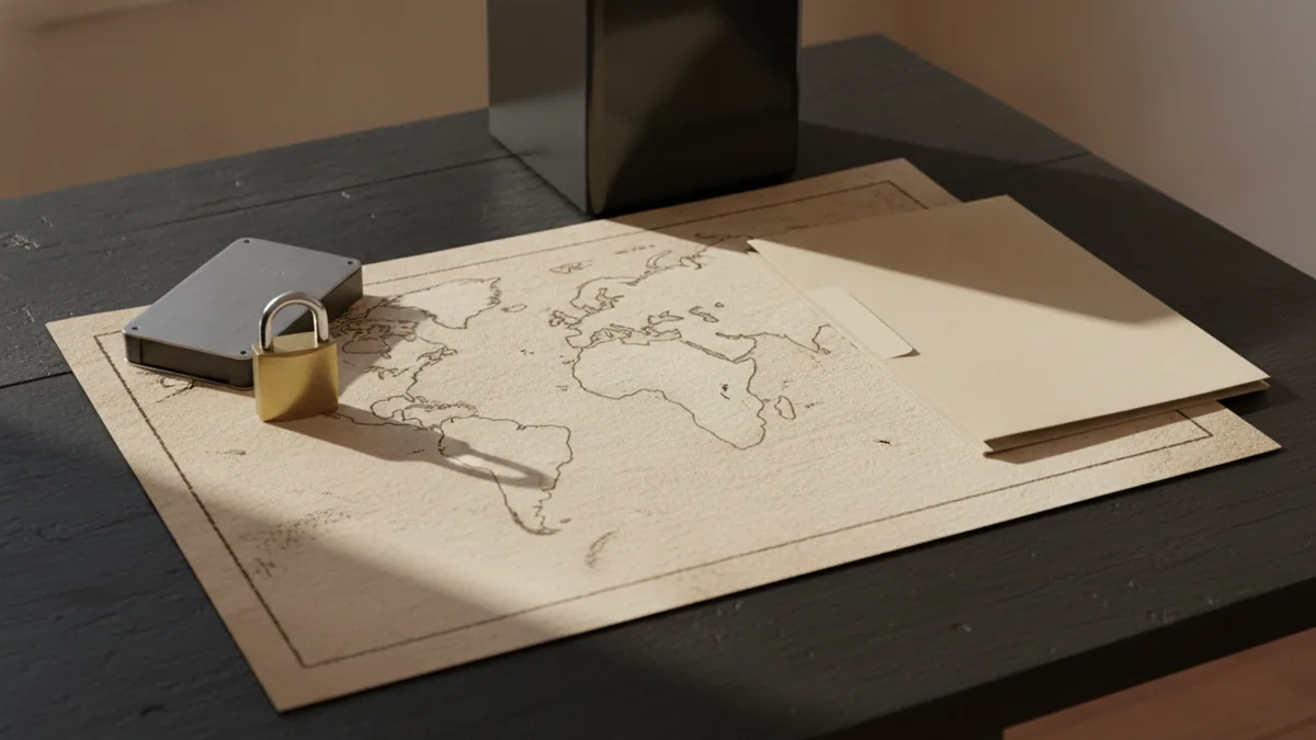 Risk planning desk with backup plans, security items, and world map