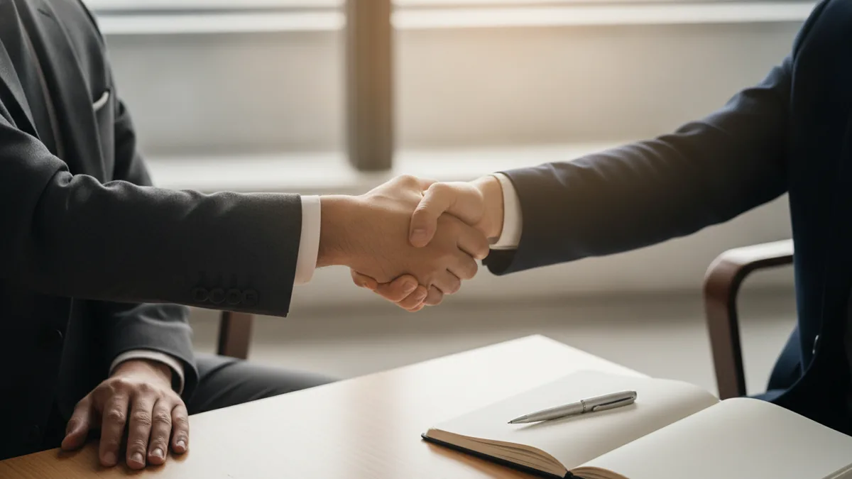 Mutual respect in dealings Handshake over a table symbolizing respectful business conduct