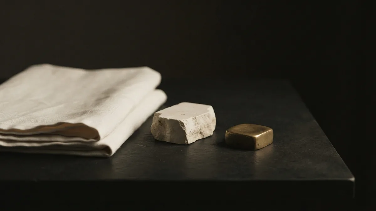 Materials and energy savings Linen, stone, and brass arranged as a quiet study of building materials