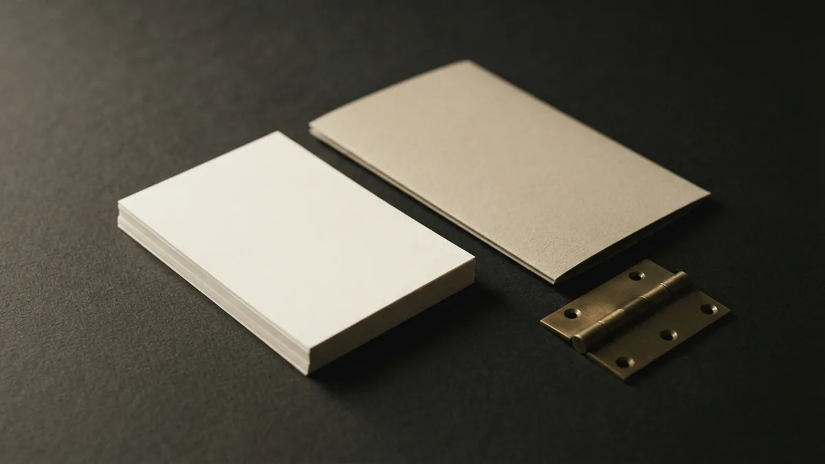 Quiet materials for changing standards Blank paper and a closed folder beside a brass hinge in dim warm light