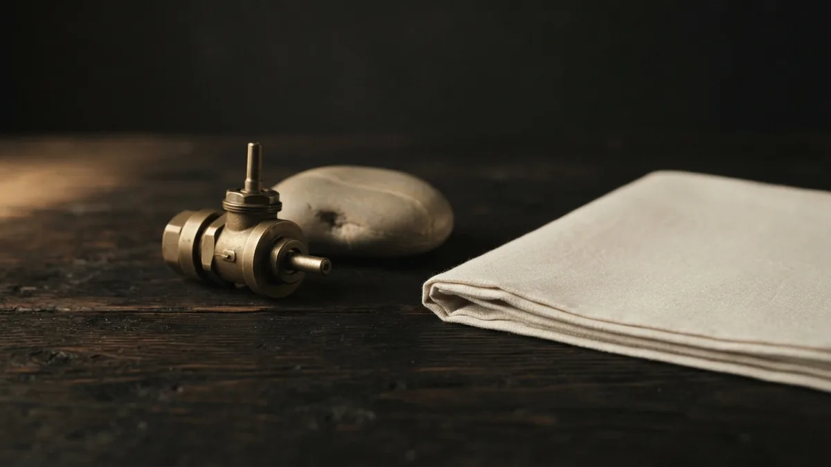 Materials that suggest building systems Brass fitting, stone, and linen arranged to suggest building systems