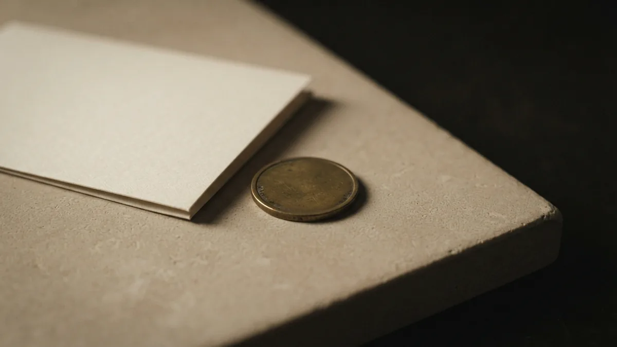 A visual cue for brand recognition Unmarked brass token beside blank cream card, suggesting a sign that helps customers recognise a brand