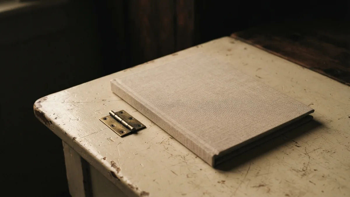 Plain linen folder and brass hinge on a warm tabletop, suggesting ongoing care and renewal of rights
