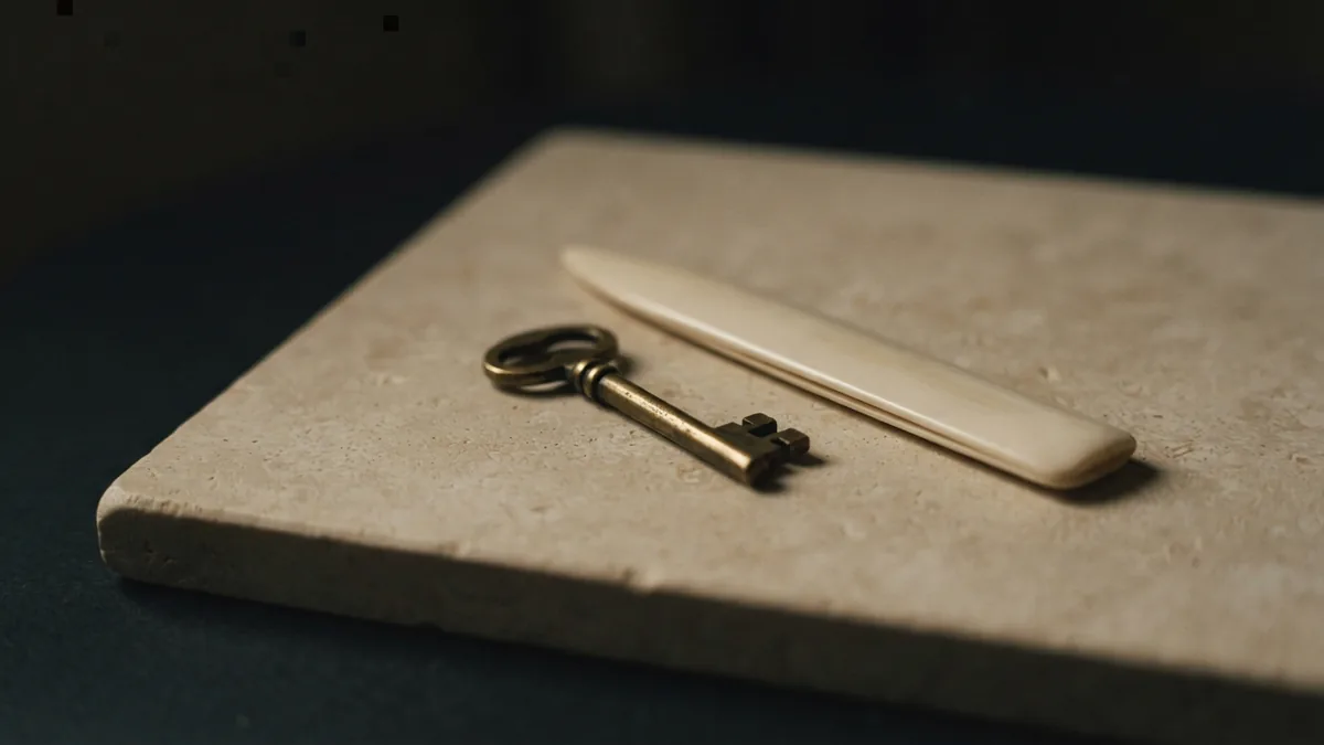 Brass key beside a closed folder in a warm, minimal still life