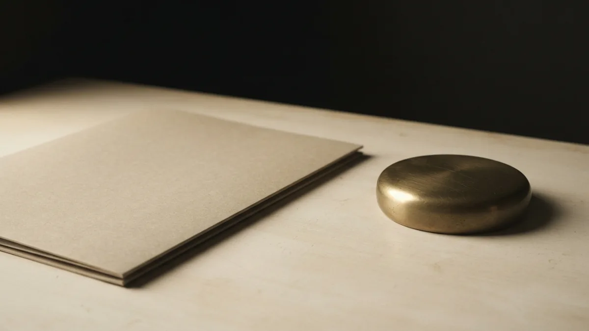 Folder and brass paperweight arranged on a warm tabletop