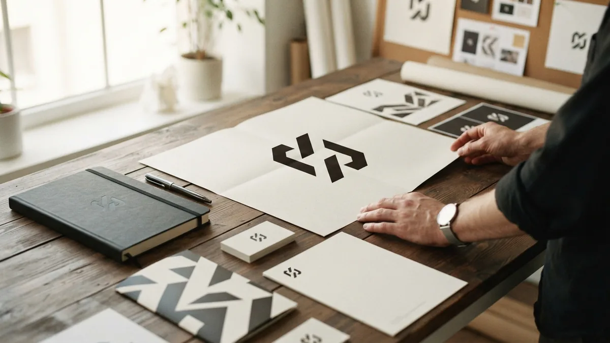 Reviewing logo placement on brand materials Designer reviewing a logo mark on printed brand materials in a bright studio