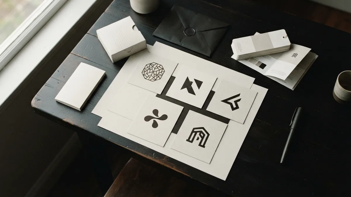 Checking logo versions for brand errors Brand manager checking several logo versions and packaging samples on a desk