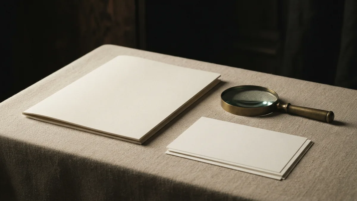 Brass magnifying lens and blank folder arranged for a focused records search
