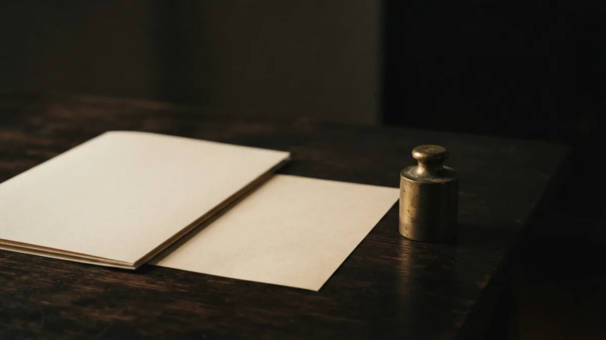 Brass weight and blank folder suggesting a measured choice about search costs and advice