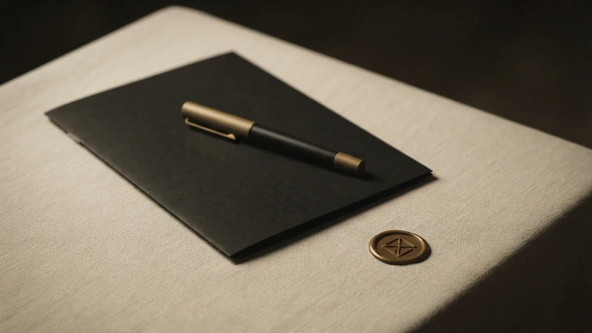 Closed folder and fountain pen on linen, evoking thoughtful legal review of a brand name