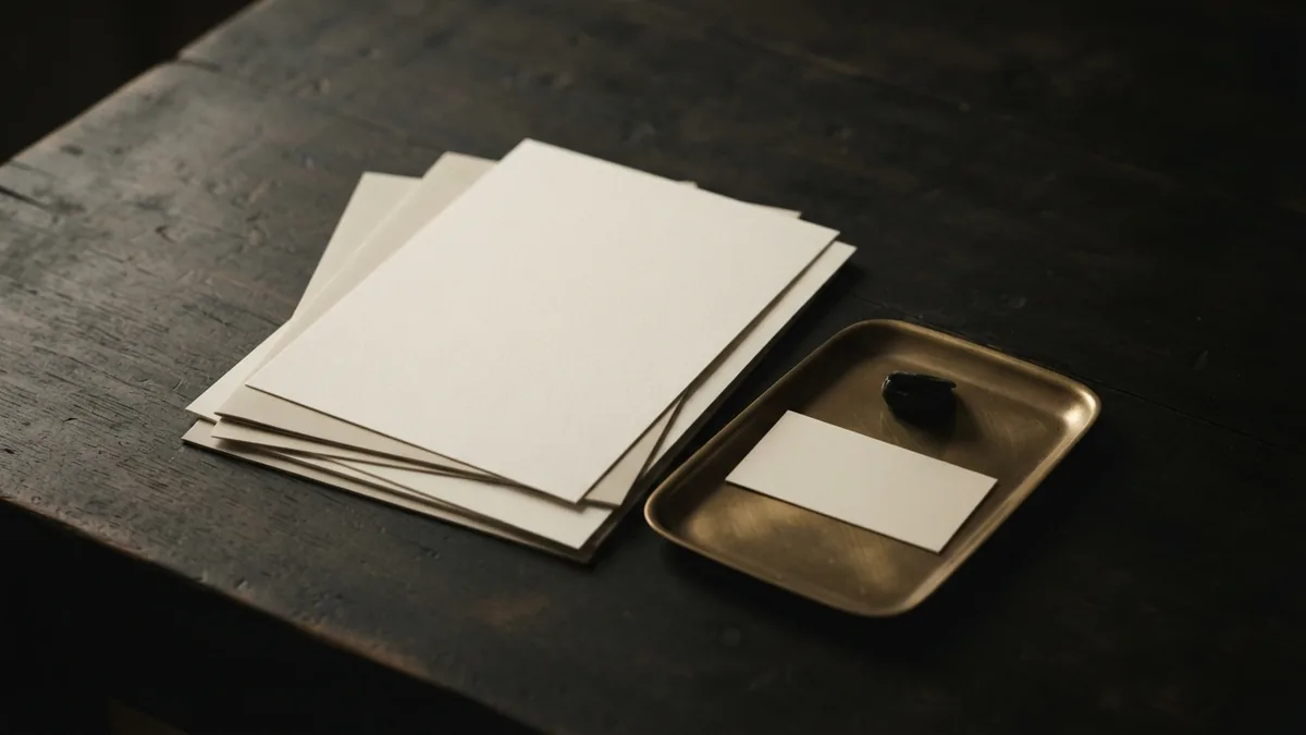 A measured view of trademark costs Blank sheets and brass tray arranged as a visual metaphor for trademark cost planning