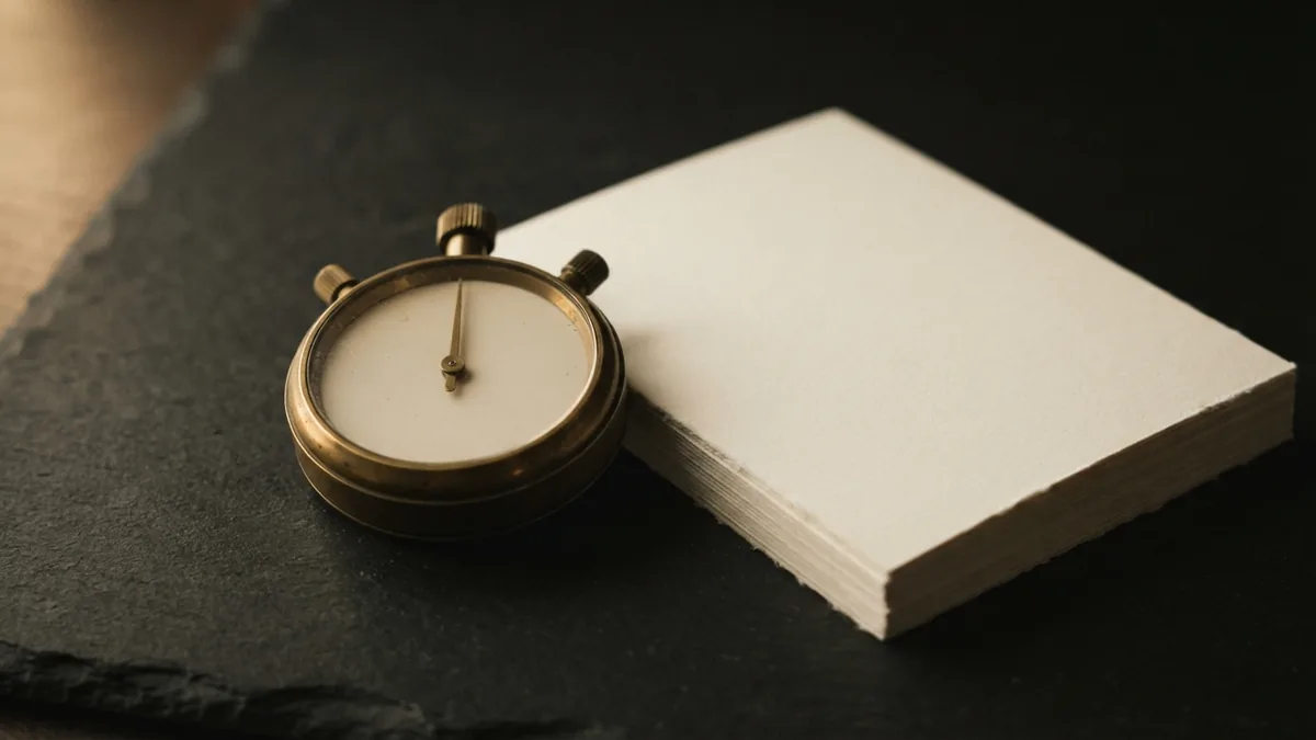 Unmarked brass timer beside blank paper, suggesting the time needed for trademark registration