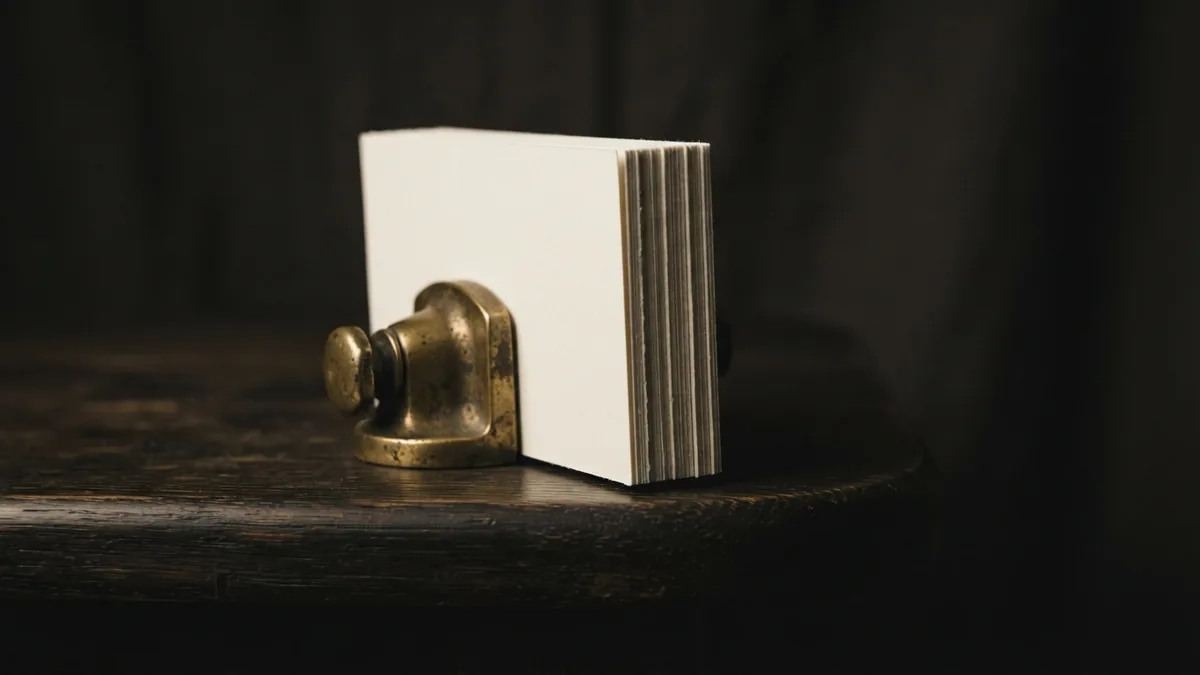 Blank paper stack and brass part near a tabletop edge, evoking risk in startup investing