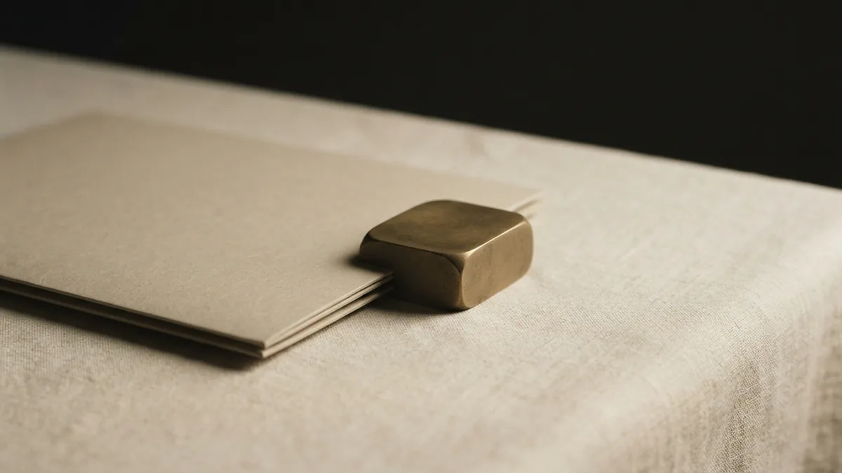 A folder and paperweight in warm light Closed beige folder and brass paperweight on cream linen