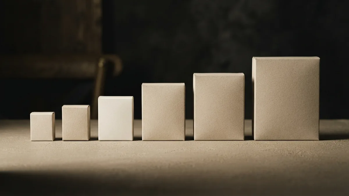 An ordered still life of growing forms Blank cardboard forms arranged by size on a muted sand tabletop
