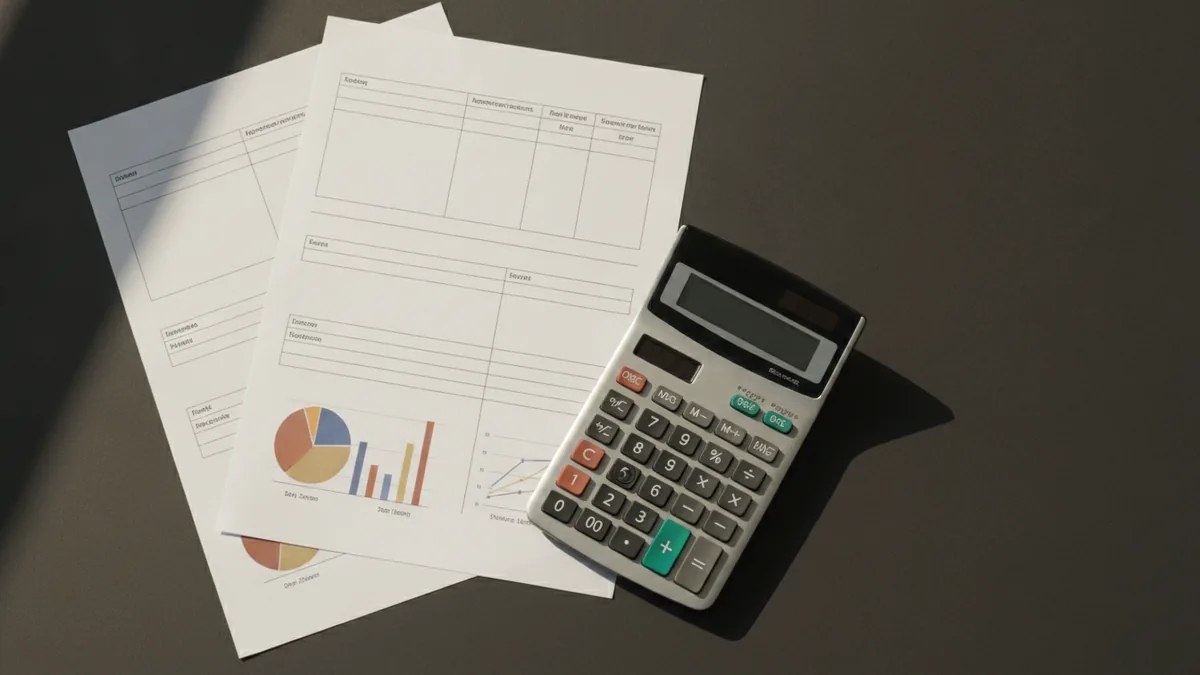 Close view of financial deal figures and share columns on papers beside a calculator