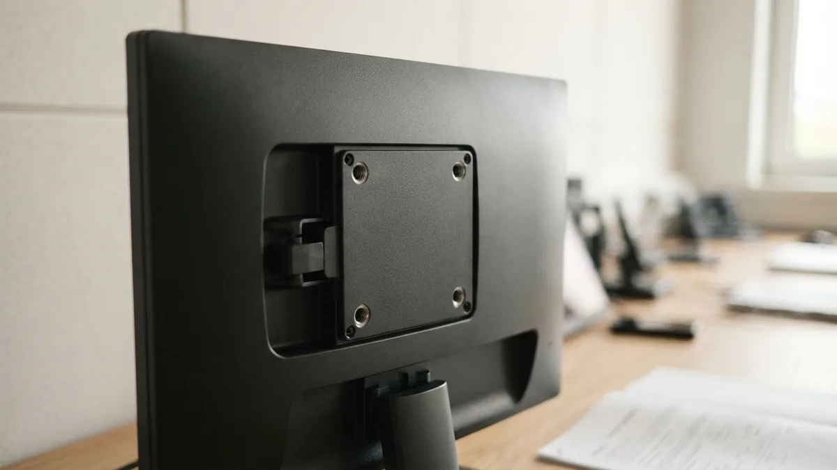 Monitor rear mounting pattern Close view of a monitor rear panel with four evenly spaced mounting holes