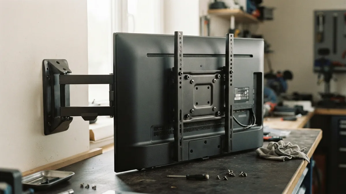 Universal wall bracket aligned with the rear mounting holes of a television