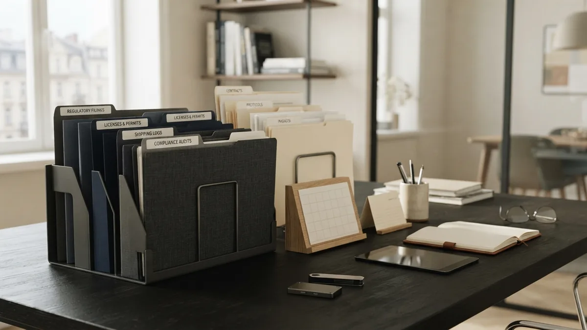 Organised compliance files and licence records arranged beside shipping papers