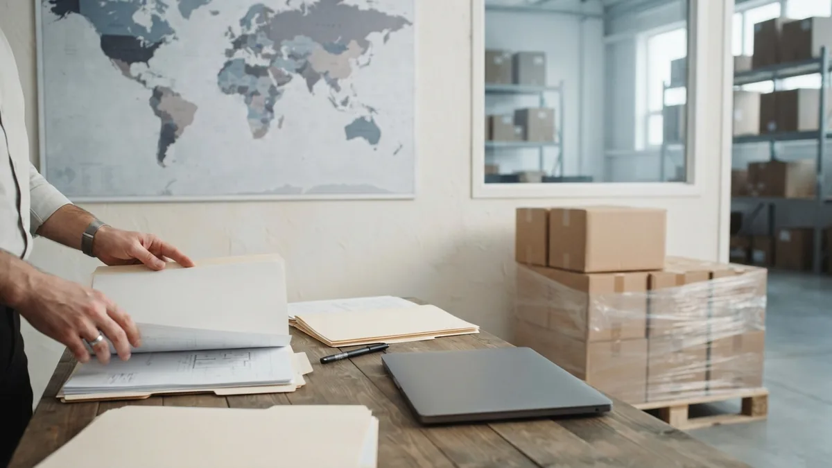 Managing export risk Export manager reviewing shipment folders and a world map during a risk check