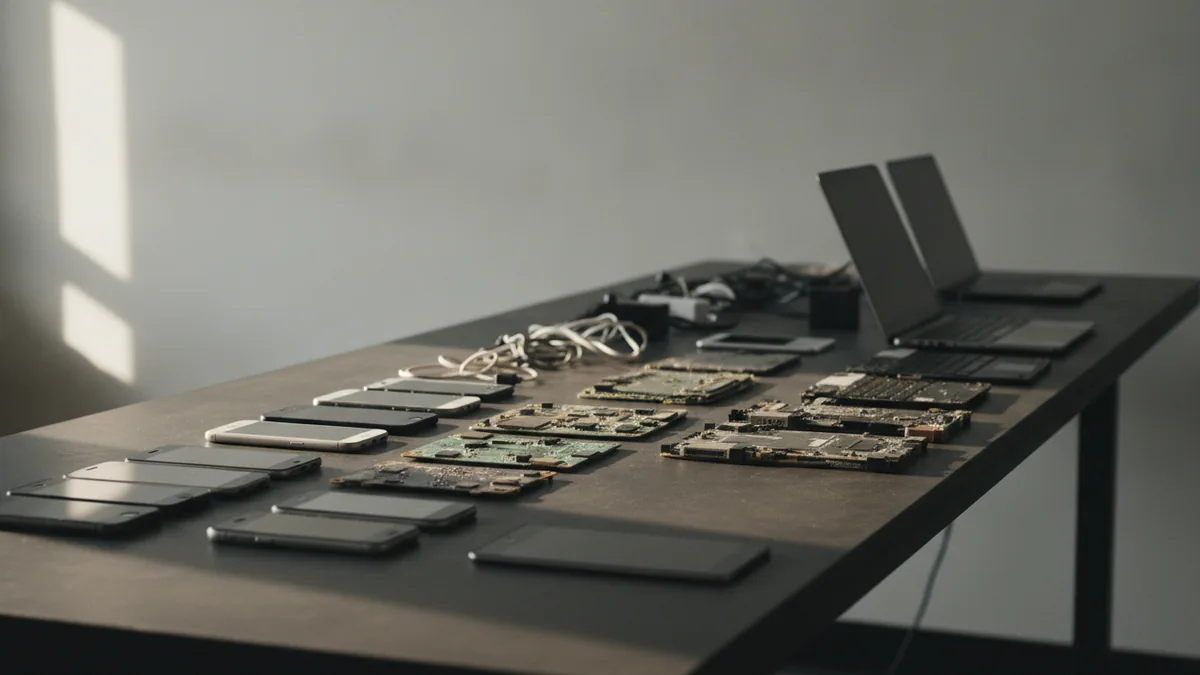 Assorted electronic devices arranged for understanding WEEE compliance categories