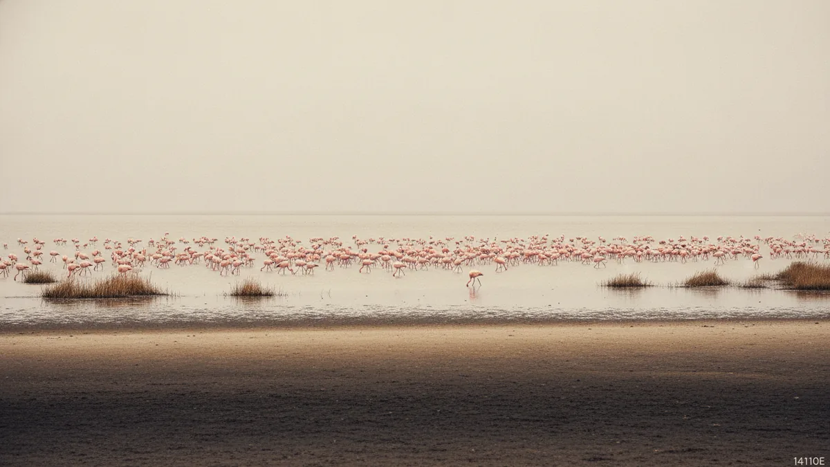 A flock of flamingos with different pink intensities along the feeding shore