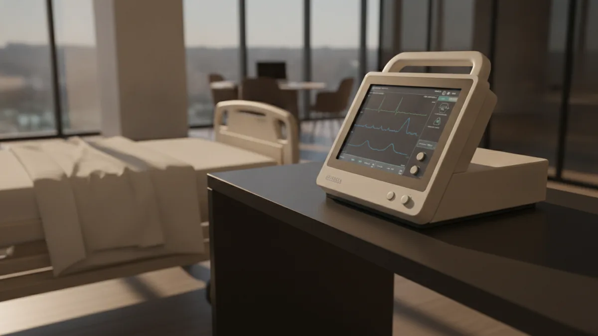 Ventilator console with waveform trends suggesting changing lung mechanics