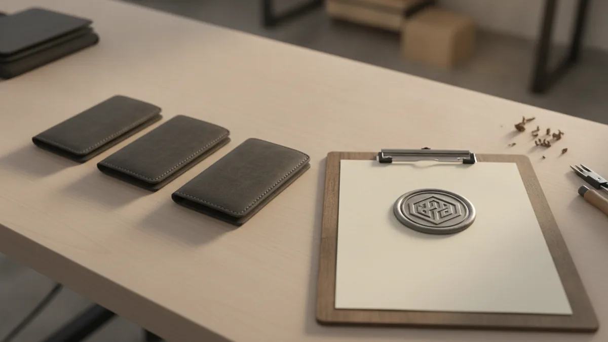 Multiple goods on a bench beside a seal representing shared quality standards.