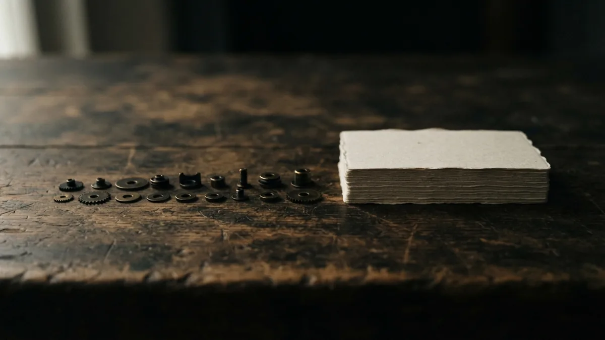 A still life showing contract duty tracking Brass hardware and blank cards arranged to suggest contract duty tracking