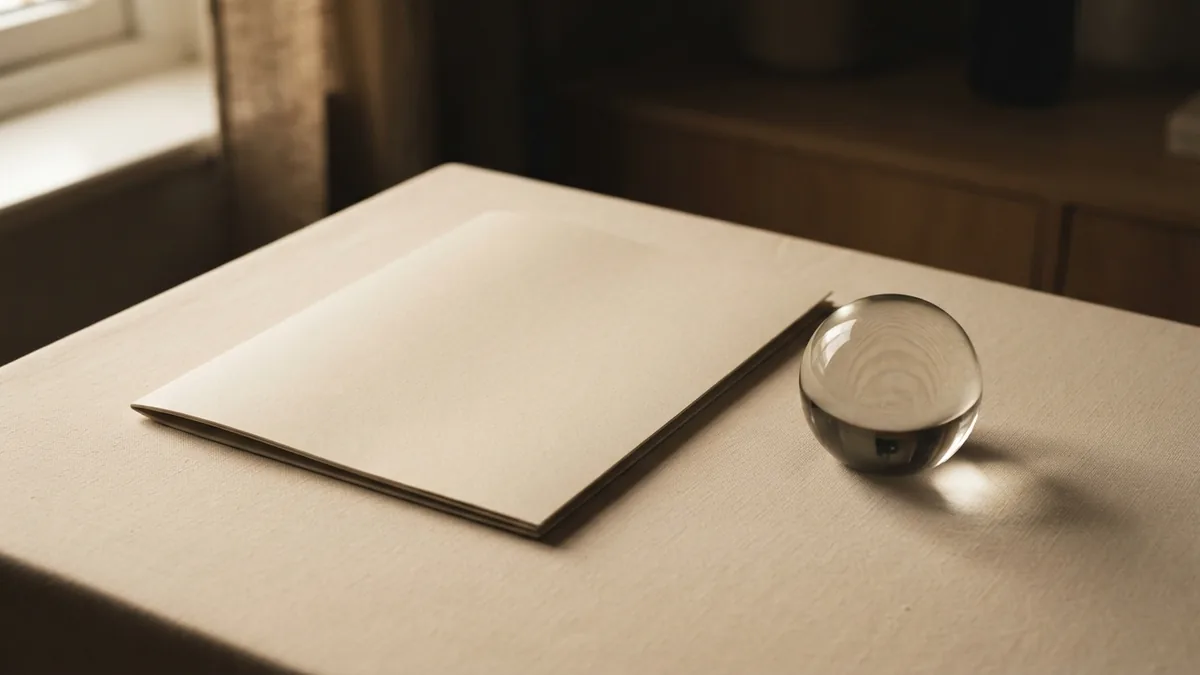 A considered choice before signing a deal Plain sealed folder beside glass weight for a decision about legal help