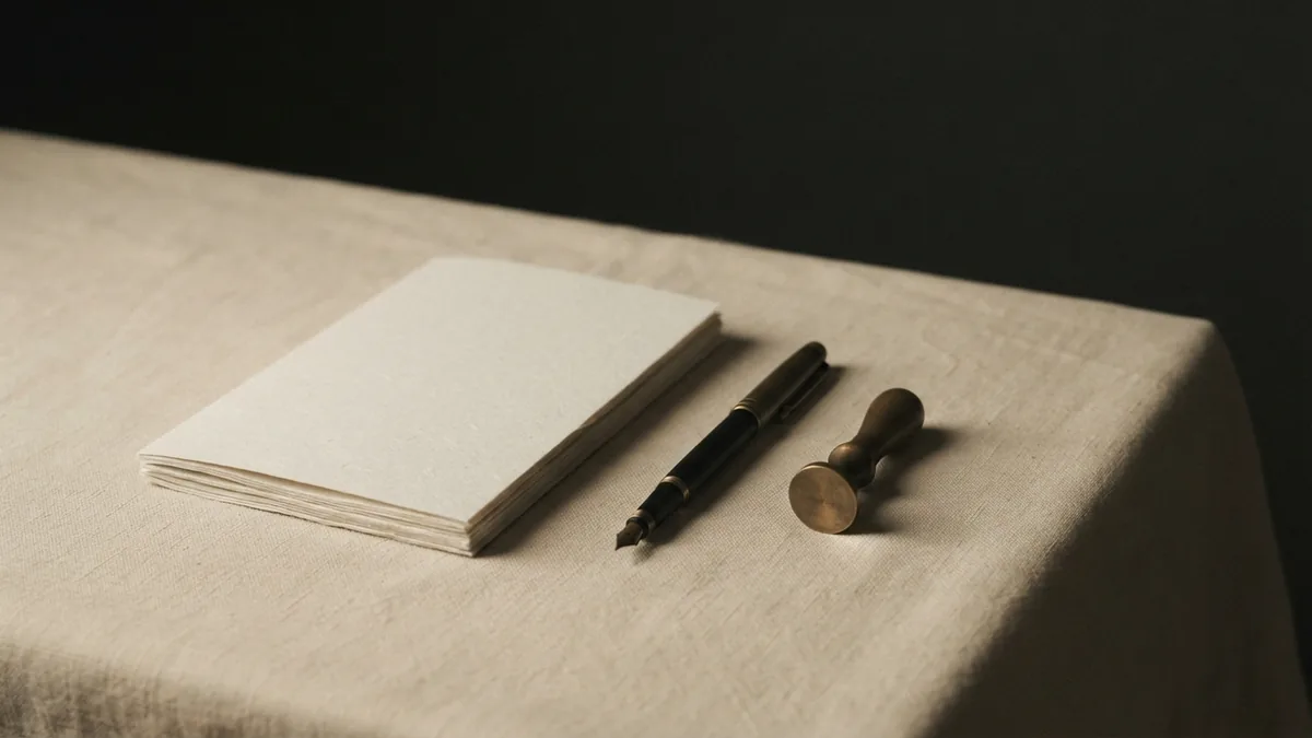 Tools for preparing a simple agreement Blank folded paper and fountain pen for making a simple agreement