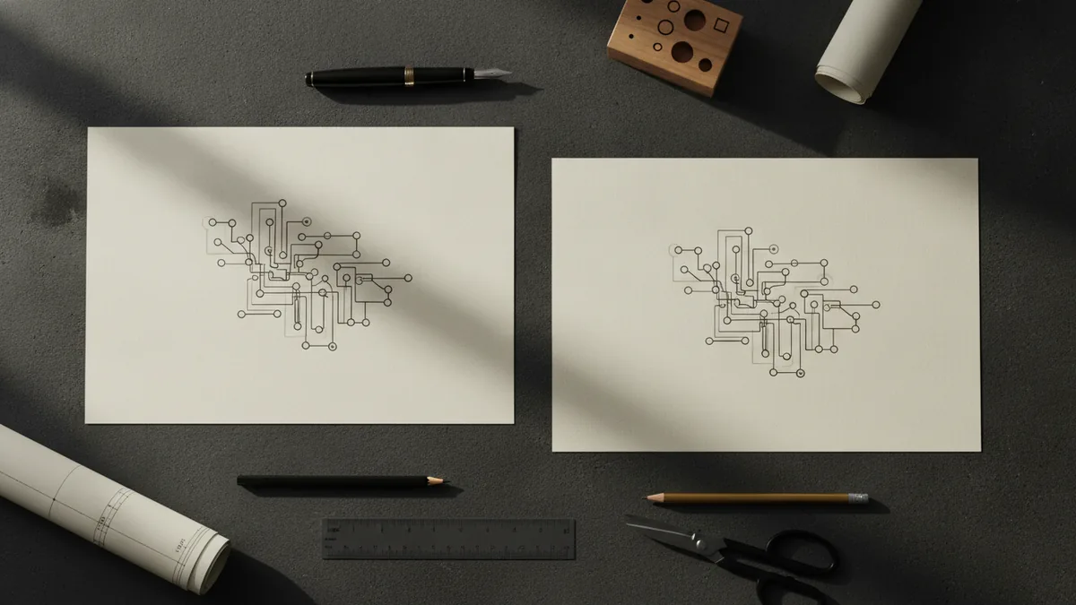 Careful comparison of two trademark depictions on a desk