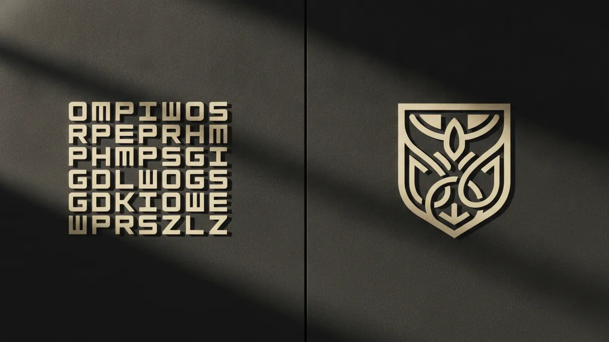 Contrast between plain word lettering and a stylized special form mark