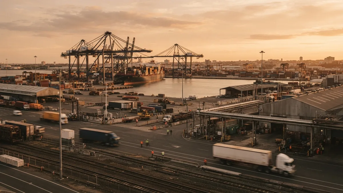 Industry, trade, and changing global jobs Port and industrial district showing jobs and trade across the global economy
