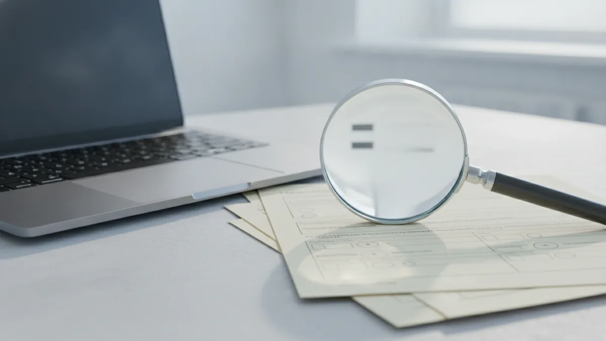 Check official registration records A magnifying glass and documents represent checking official formation records.