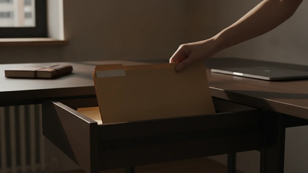 Keeping information confidential Sealed confidential folder being stored securely in an office drawer