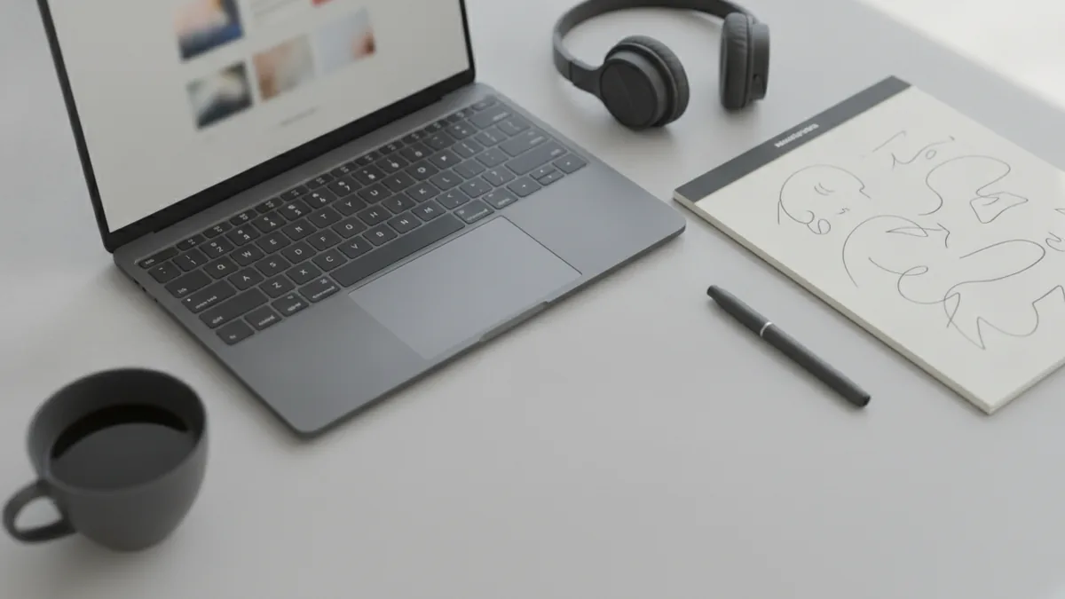 Service branding workflow on a desk with laptop and notes