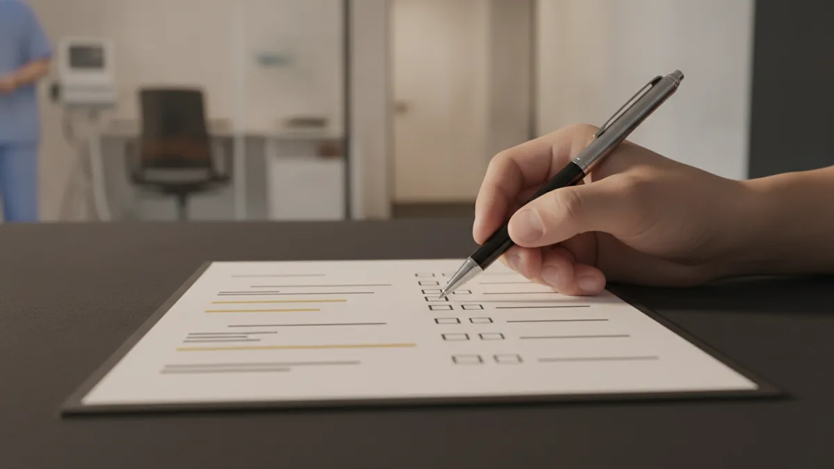 Compliance protects accuracy A document checklist review with a pen over healthcare paperwork.