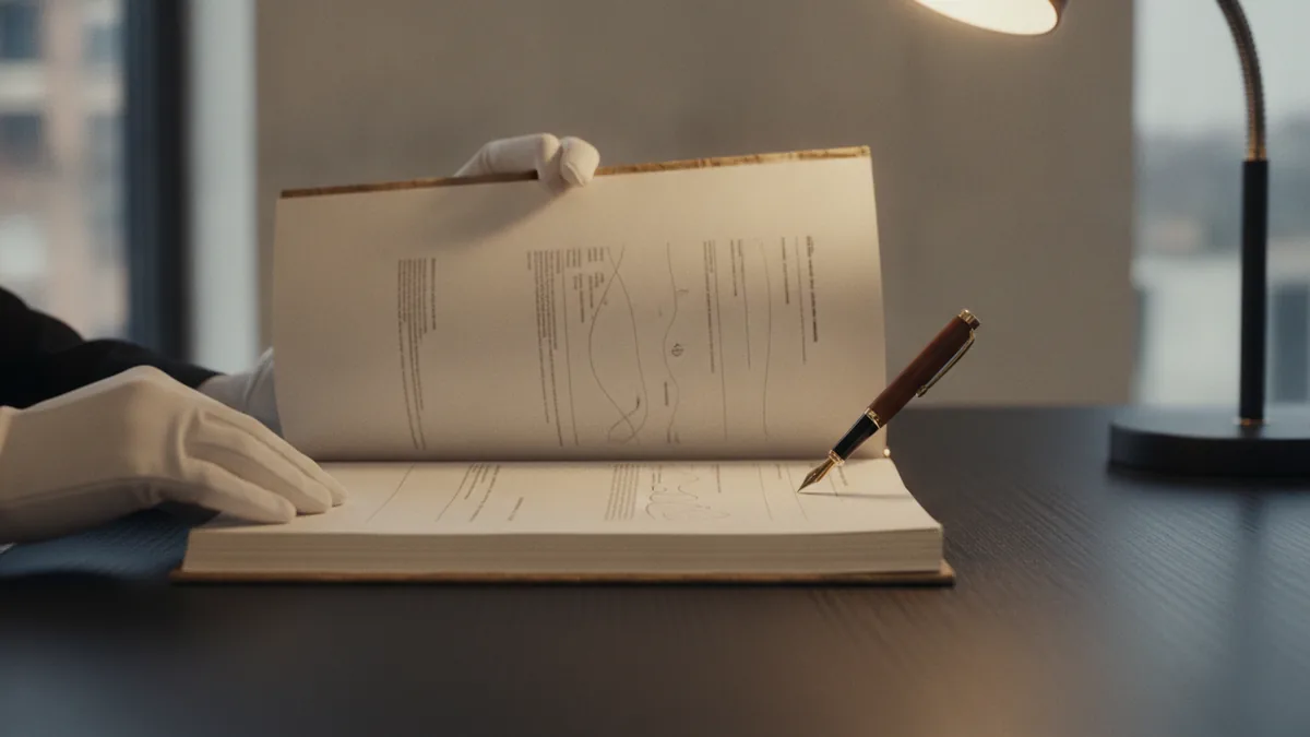 Trademark definition in practice Hands reviewing trademark register details with a pen and document.
