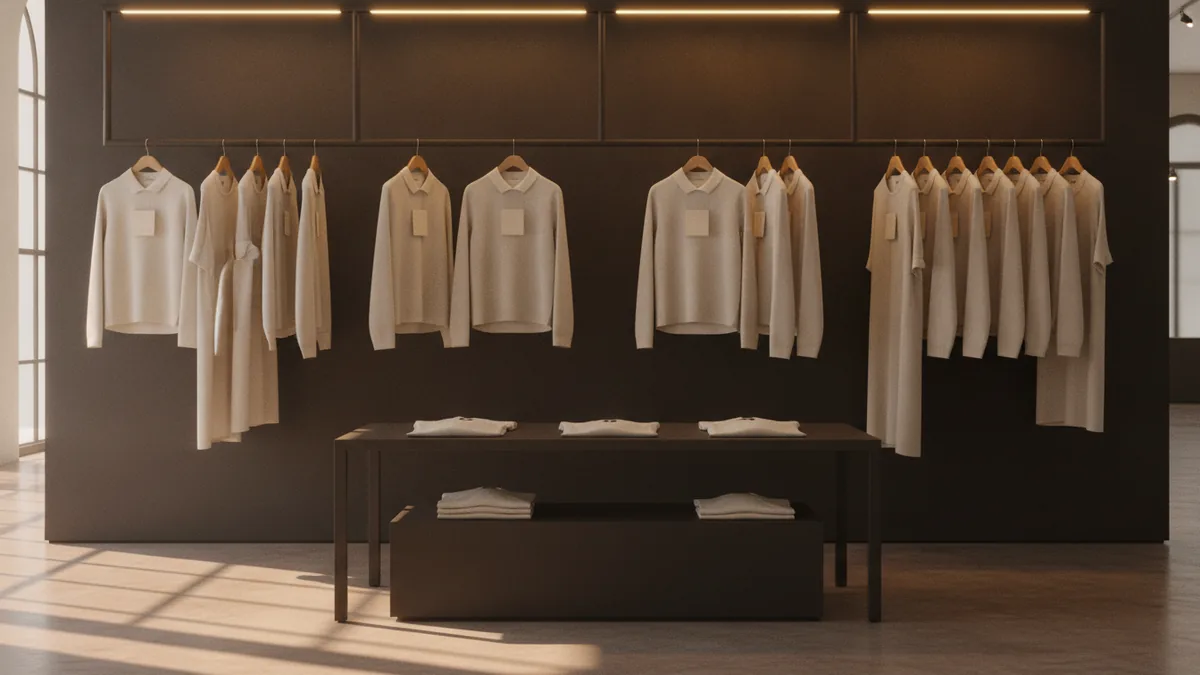 Recognition through trademarks Branded apparel display that shows consistent style for recognition.