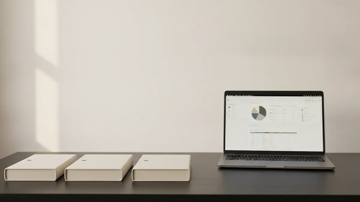 Compliance and reporting District planning materials and a laptop with blurred performance charts on a desk.