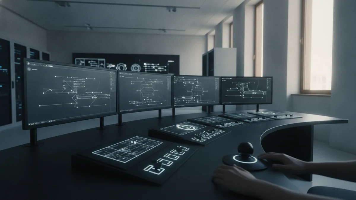 A control room setup representing monitored system operations for grid reliability.