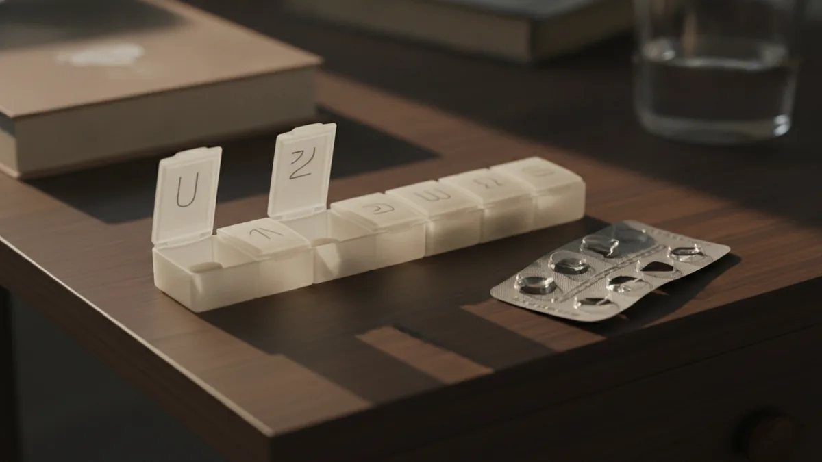 Weekly pill organizer and medication supplies on a bedside table