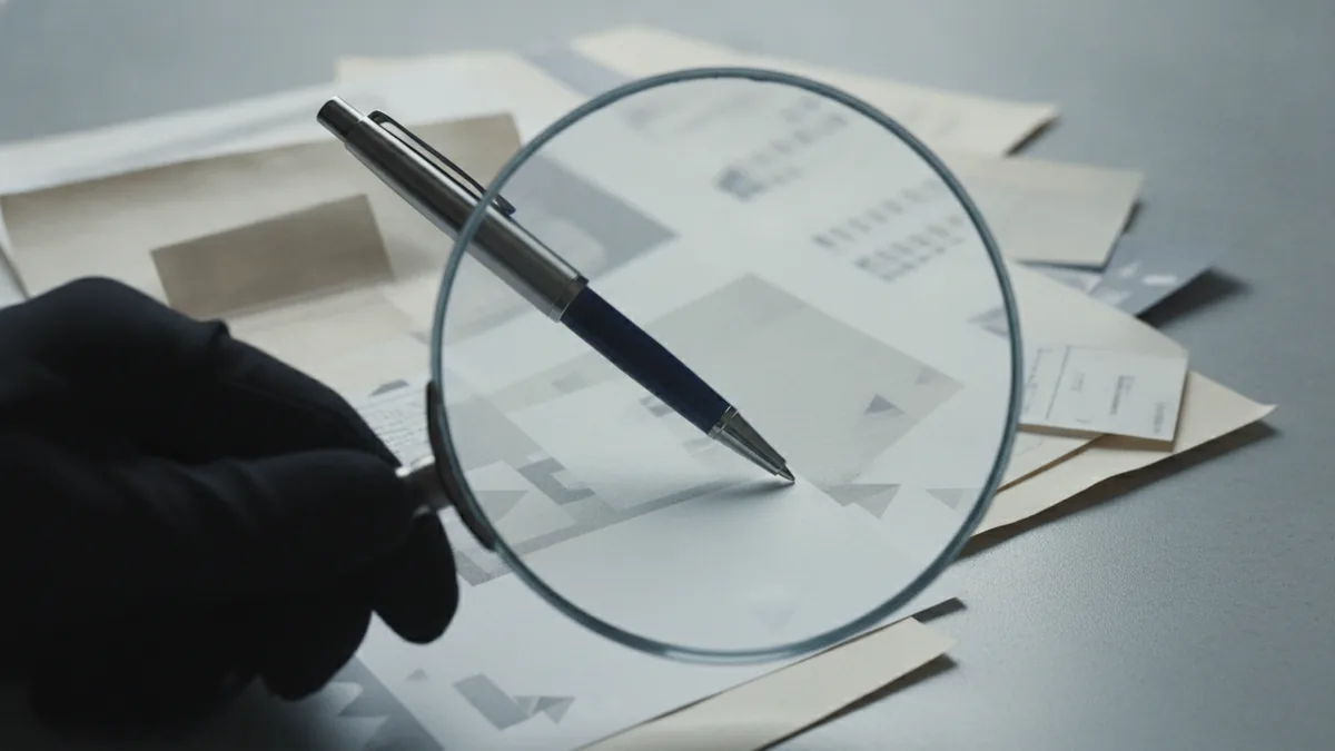 Magnifying glass over documents representing identification of red flag indicators.