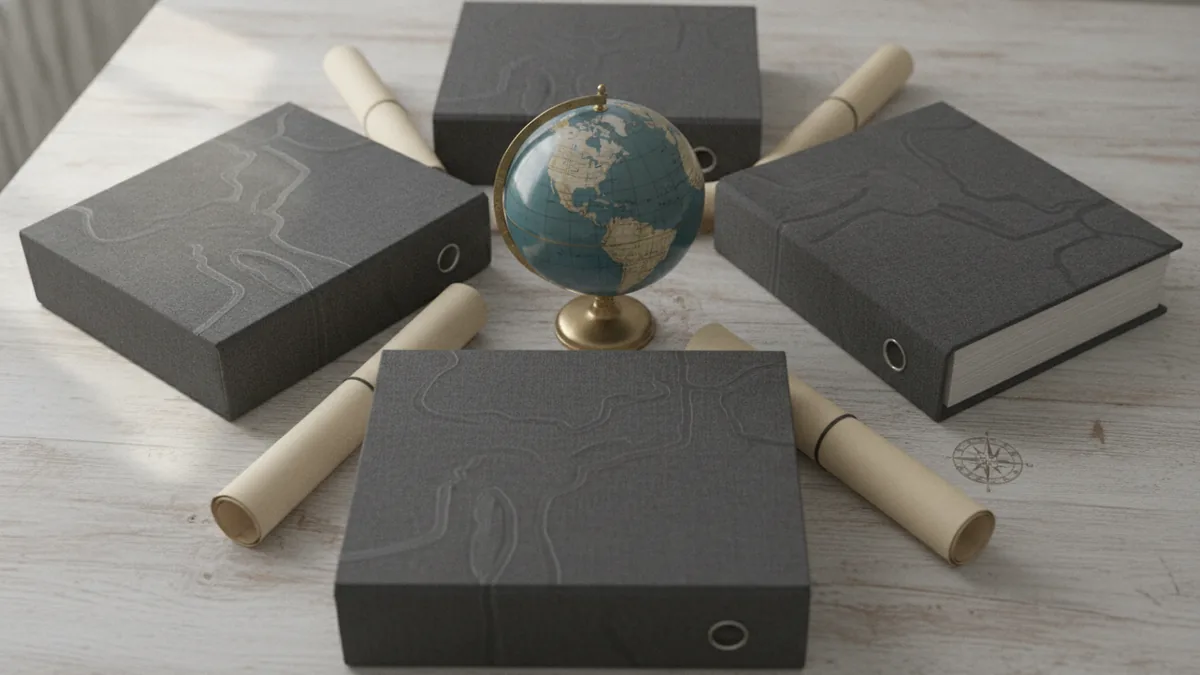 Regulatory materials and world map signaling cross-border compliance needs